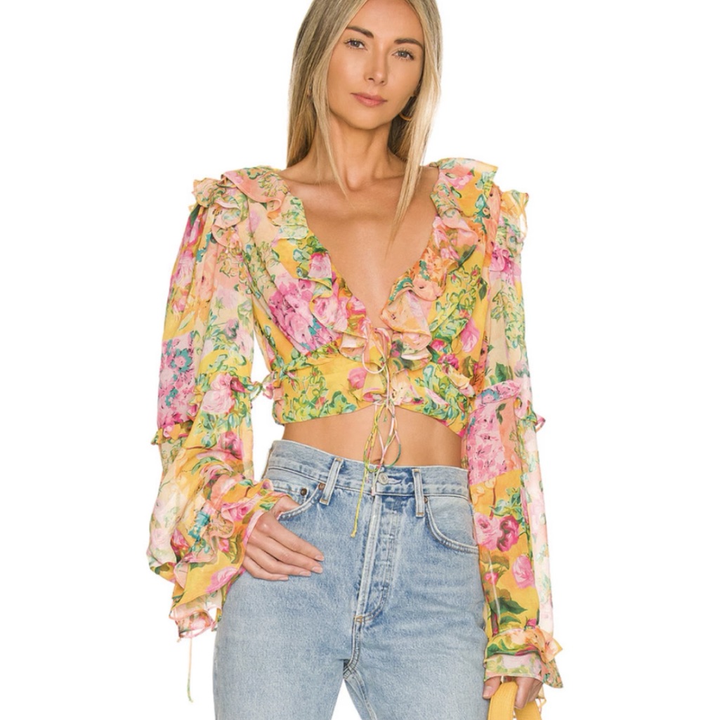 For Love And Lemon’s Nina Floral Lace Front Ruffle Cropped Blouse - Multi